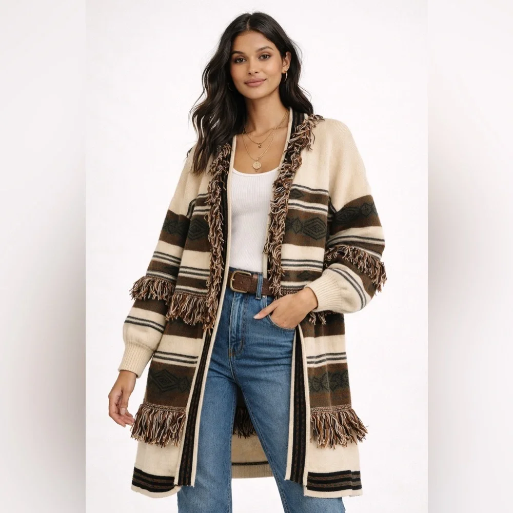 Saints & Hearts Southwestern Fringe Brown Cream Cardigan Duster Boho Aztec M/L - Picture 1 of 9